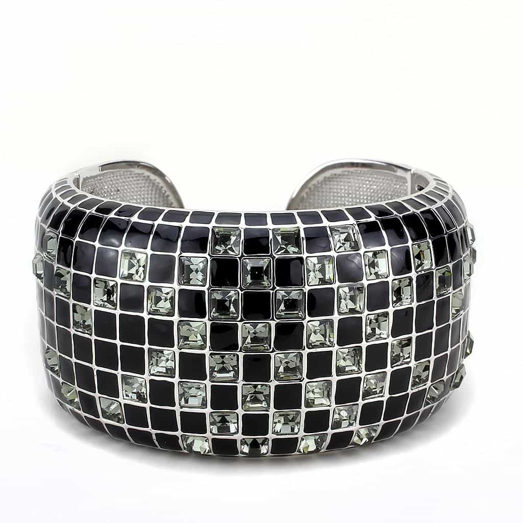 Brass Gunmetal Black Enamel CZ Stripe Wide Cuff Bangle Bracelet view 2