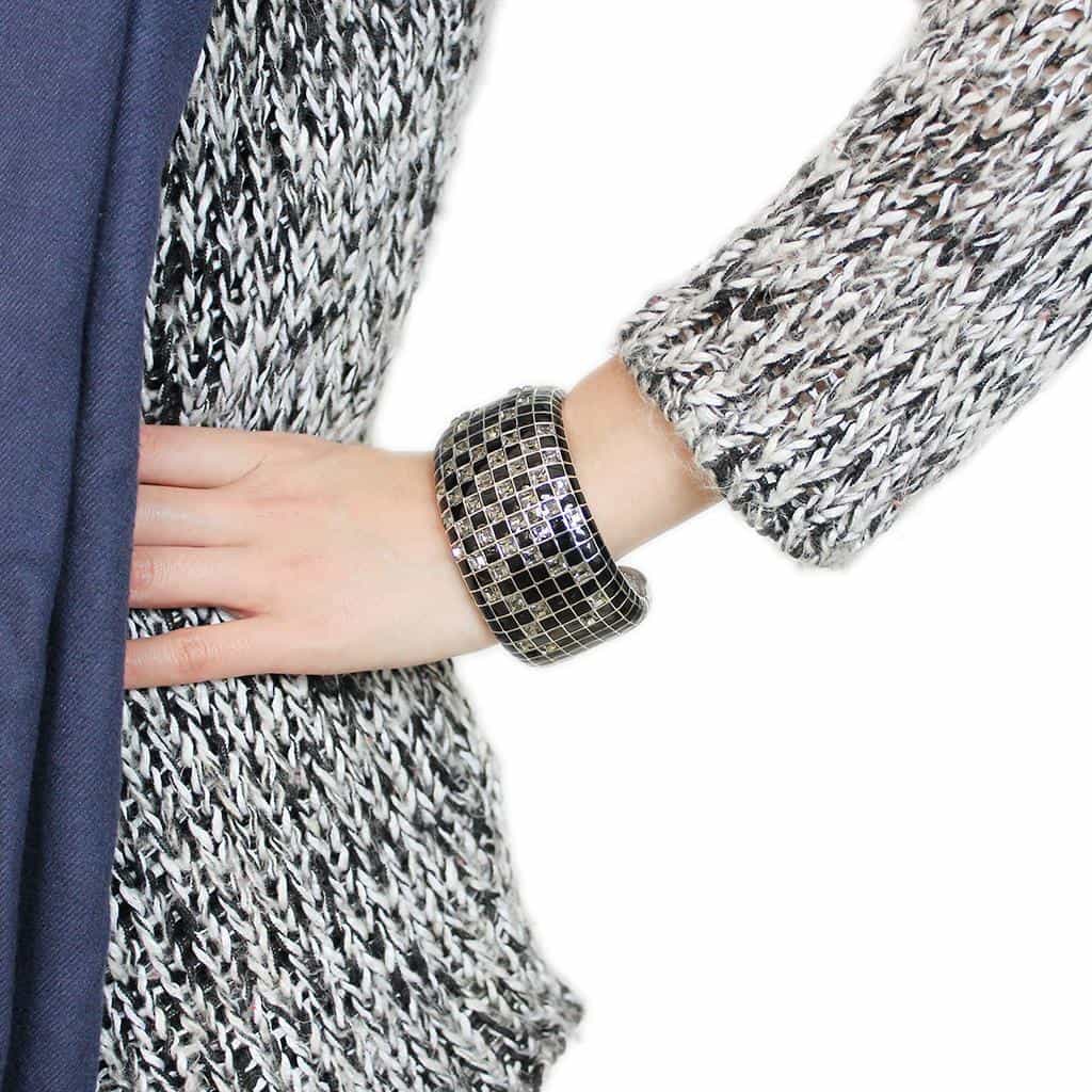 Brass Gunmetal Black Enamel CZ Stripe Wide Cuff Bangle Bracelet view 5