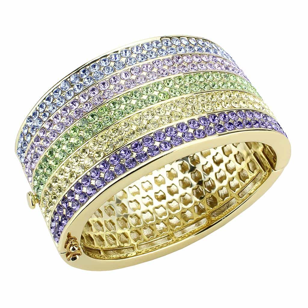 Brass Gold Multicolor Crystal Pave Striped Bangle Bracelet view 2