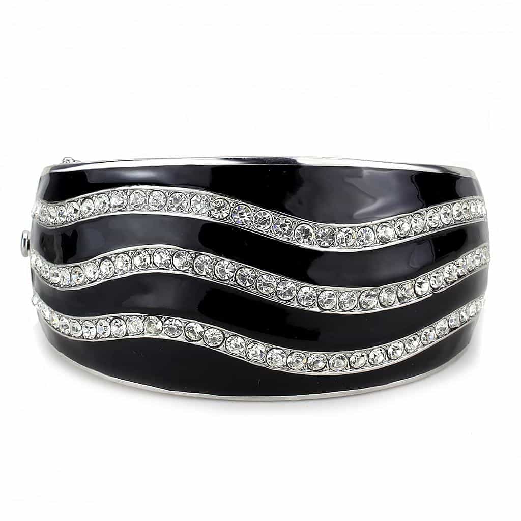 Brass Silver Black Enamel CZ Stripe Bangle Bracelet view 2