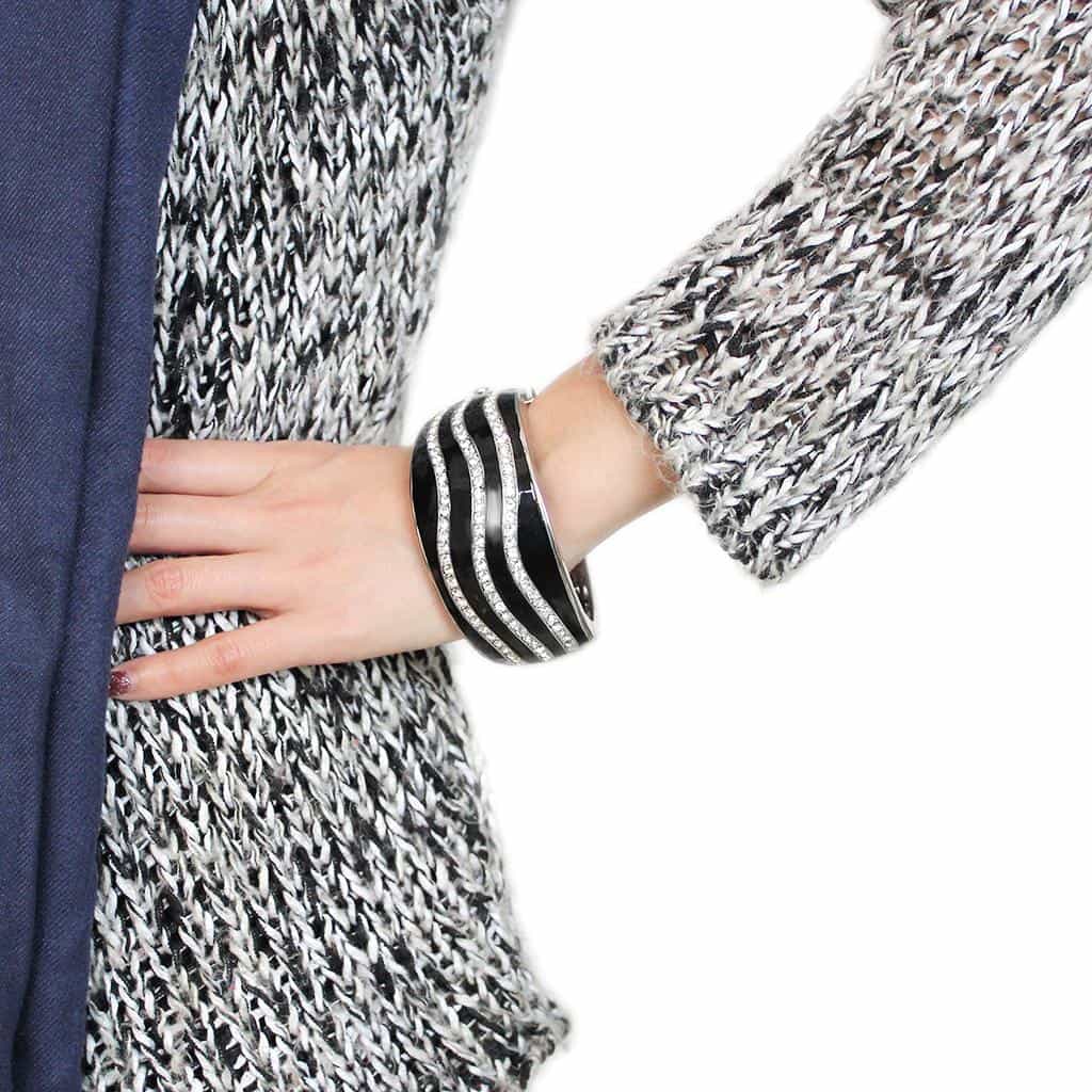 Brass Silver Black Enamel CZ Stripe Bangle Bracelet view 5