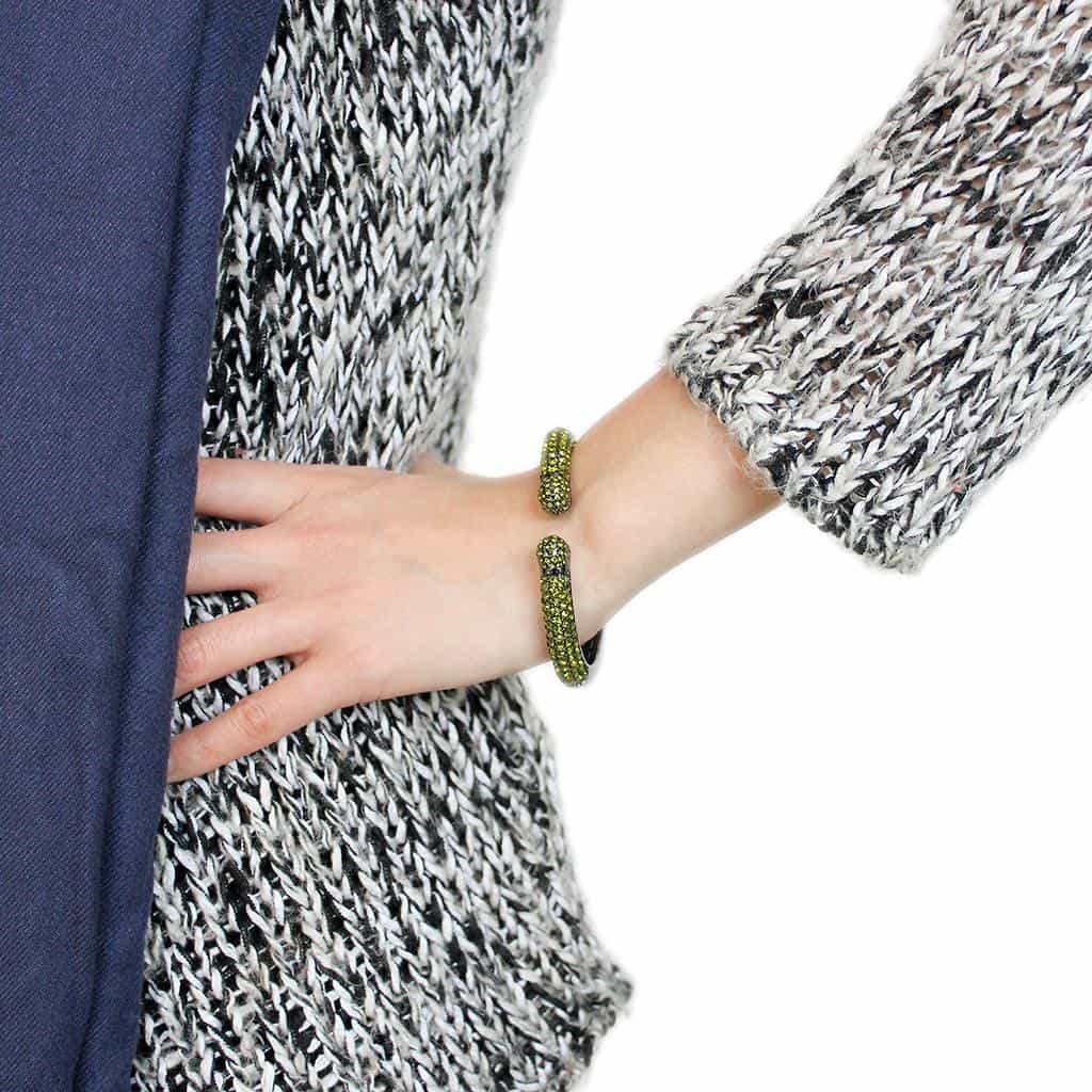 Brass Gunmetal Olivine Green Crystal Pave Cuff Bangle Bracelet view 5
