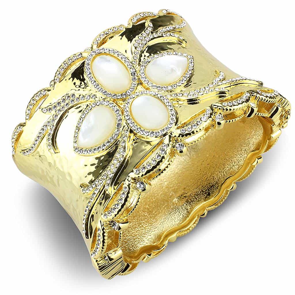 Brass Gold Pearl CZ Filigree Wide Cuff Bangle Bracelet view 2