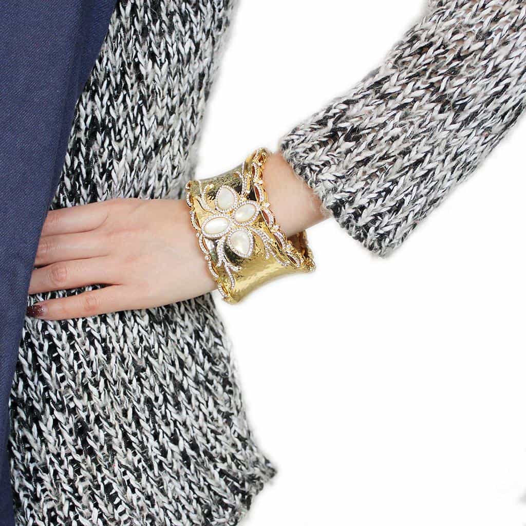 Brass Gold Pearl CZ Filigree Wide Cuff Bangle Bracelet view 5