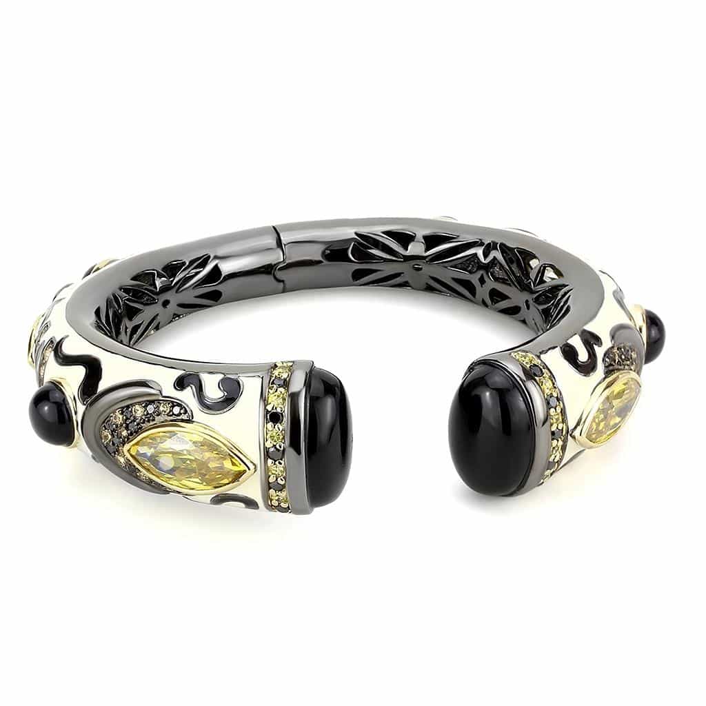 Brass Two Tone Black Onyx Marquise Crystal Hinged Bangle Bracelet view 2
