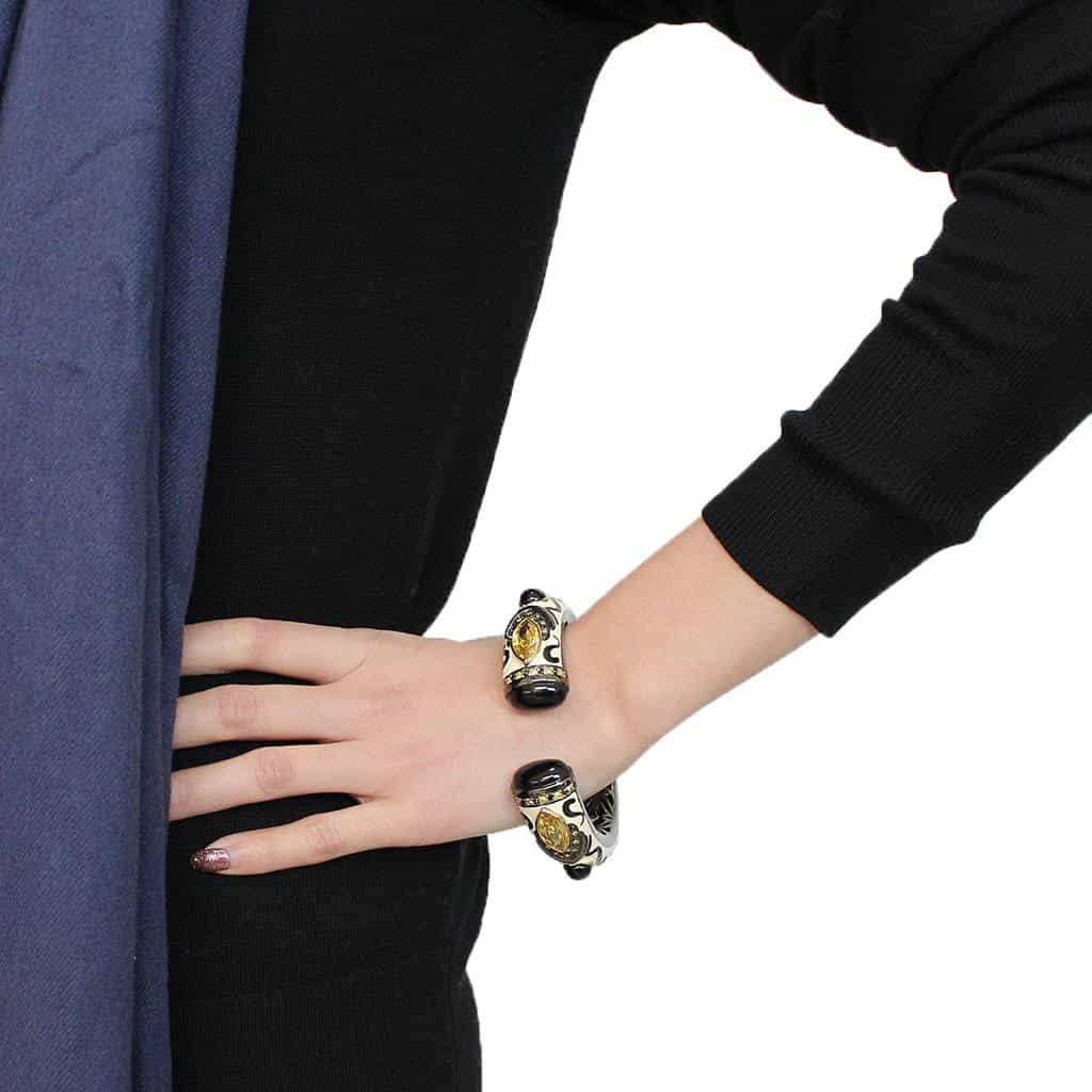 Brass Two Tone Black Onyx Marquise Crystal Hinged Bangle Bracelet view 5
