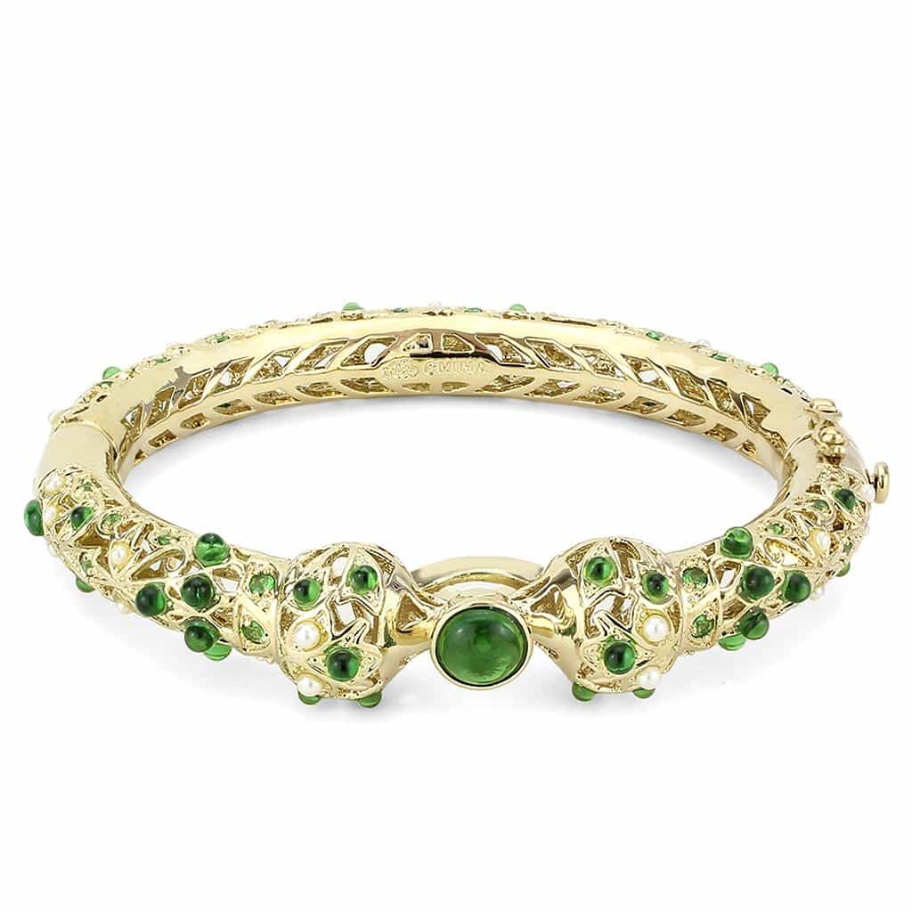 Brass Gold Emerald Green Crystal Cabochon Bangle Bracelet view 2