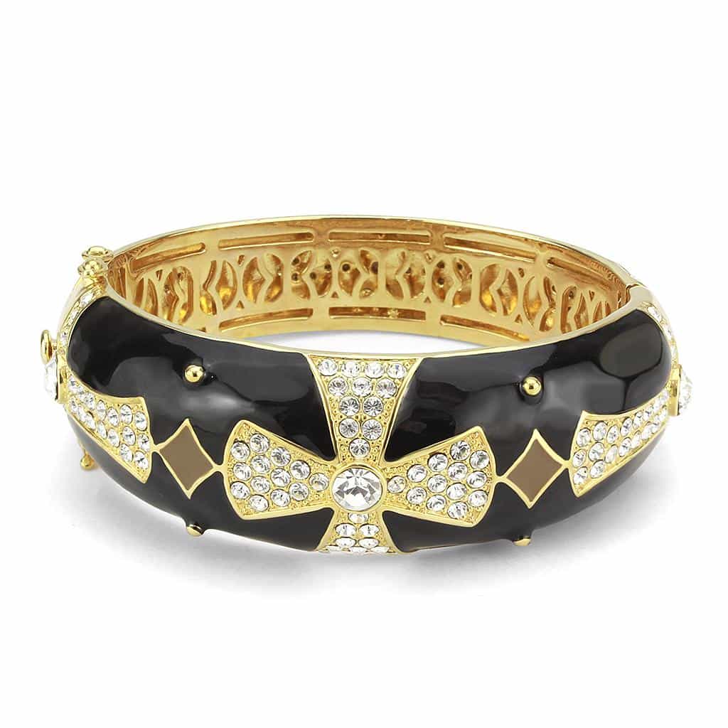 Brass Gold Black Enamel CZ Bow Hinged Bangle Bracelet view 2