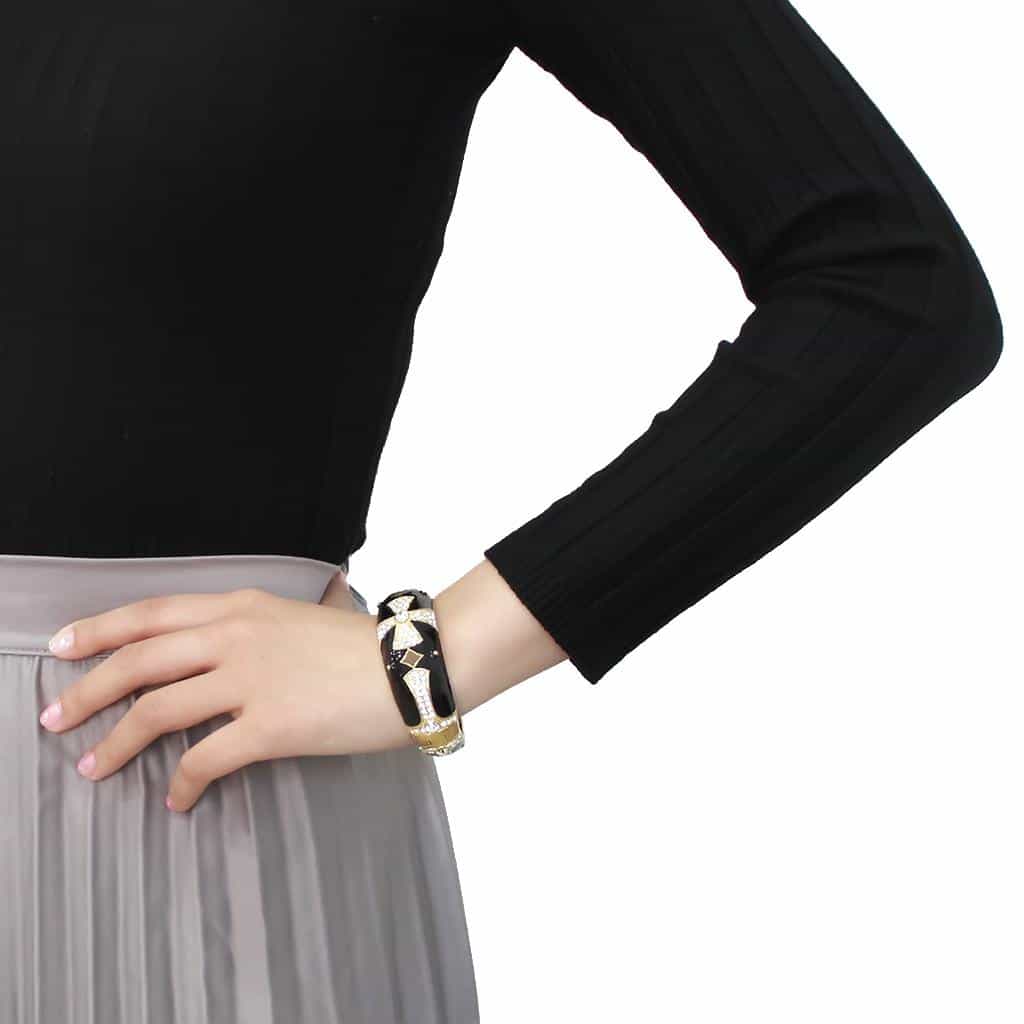 Brass Gold Black Enamel CZ Bow Hinged Bangle Bracelet view 5