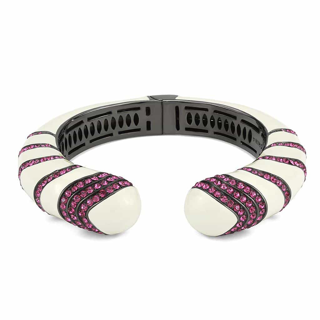 Brass Gunmetal White Enamel Pink Crystal Stripe Cuff Bracelet view 2