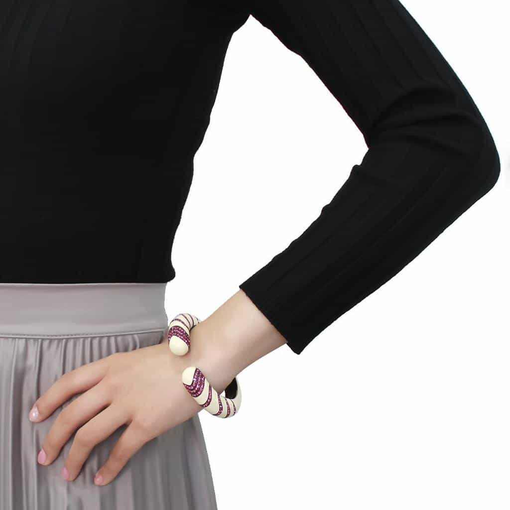 Brass Gunmetal White Enamel Pink Crystal Stripe Cuff Bracelet view 5