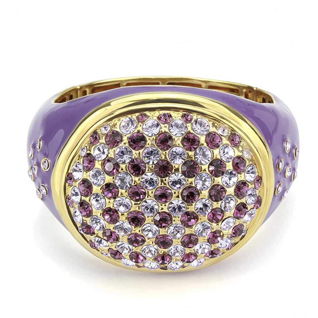 Brass Gold Lavender Enamel Crystal Pave Dome Bangle Bracelet view 2
