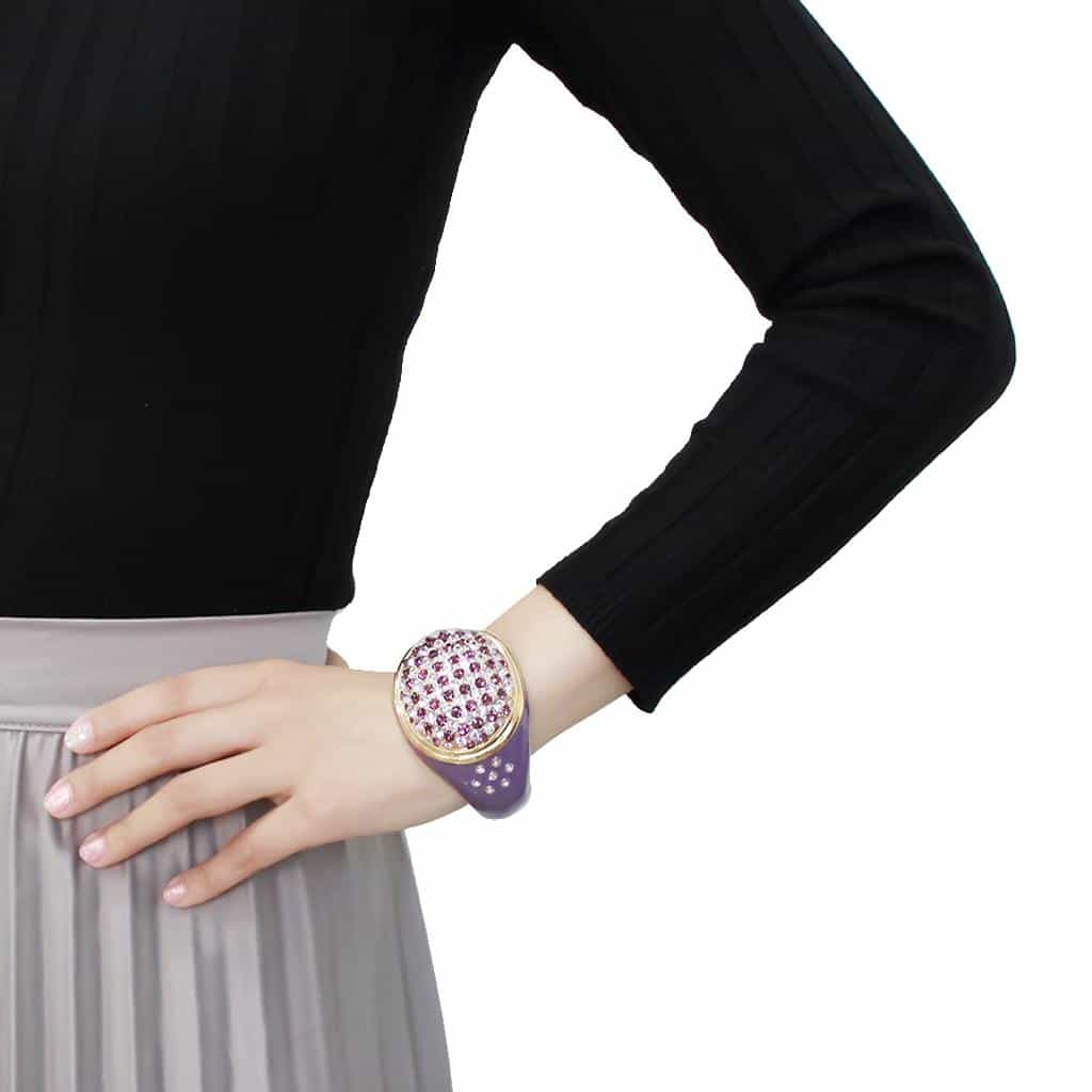 Brass Gold Lavender Enamel Crystal Pave Dome Bangle Bracelet view 5