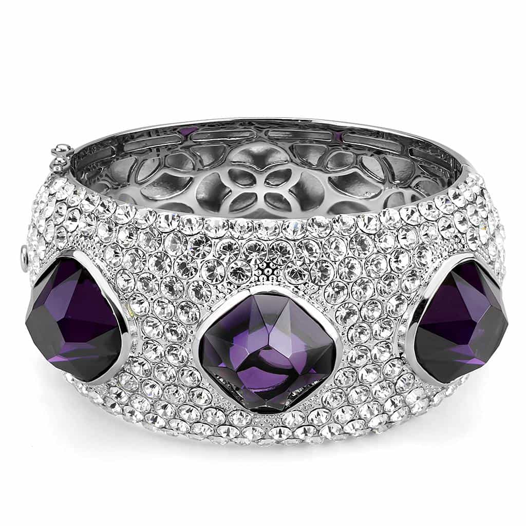 Brass Silver Amethyst Crystal Pave Dome Bangle Bracelet view 2