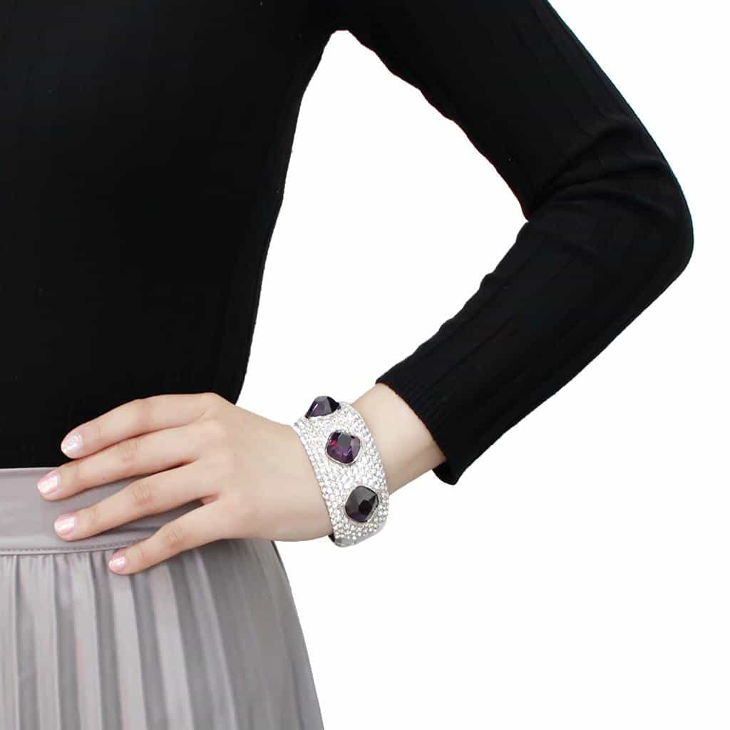Brass Silver Amethyst Crystal Pave Dome Bangle Bracelet view 5