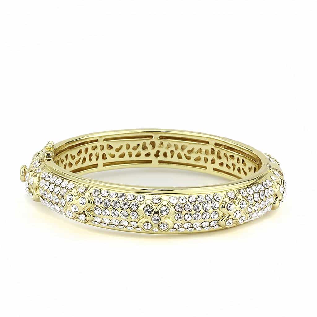 Brass Gold Crystal Pave Filigree Hinged Bangle Bracelet view 2