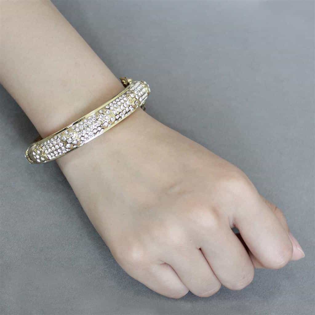Brass Gold Crystal Pave Filigree Hinged Bangle Bracelet view 5