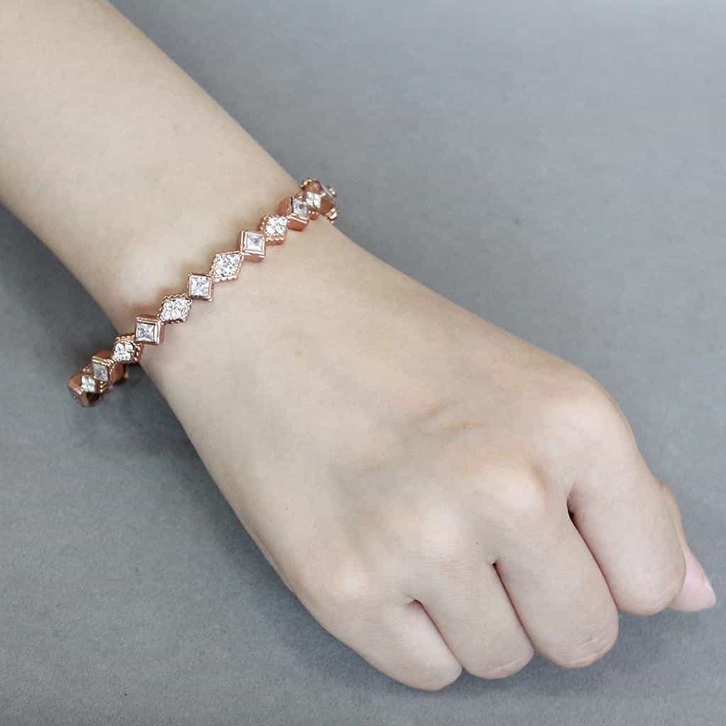 Brass Rose Gold CZ Geometric Zigzag Link Bangle Bracelet view 5