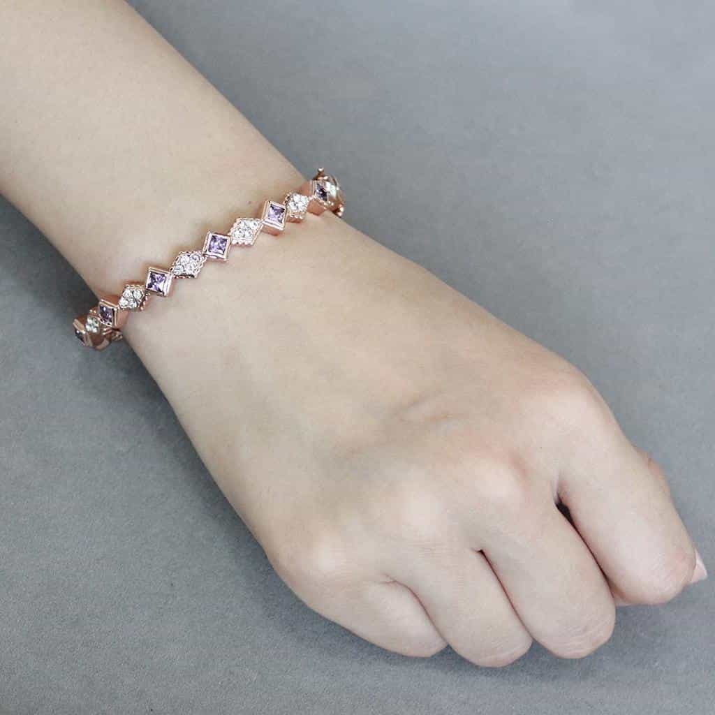 Brass Rose Gold Amethyst CZ Geometric Link Bangle Bracelet view 5