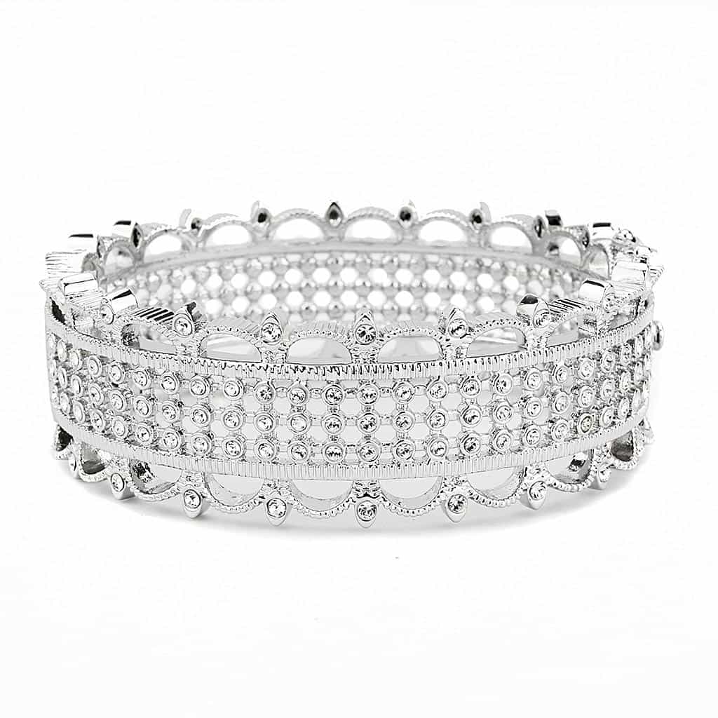 Brass Silver CZ Pave Filigree Wide Bangle Bracelet view 2