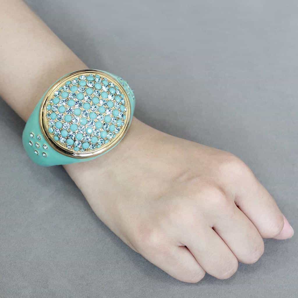 Brass Gold Mint Green Enamel Crystal Pave Dome Bangle Bracelet view 6