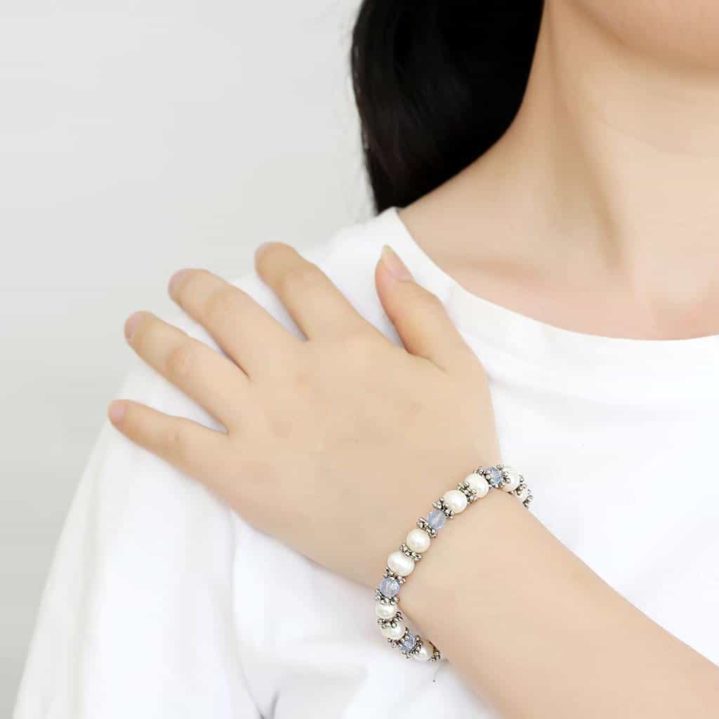 Brass Silver Pearl Blue Crystal Bead Stretch Bracelet view 3