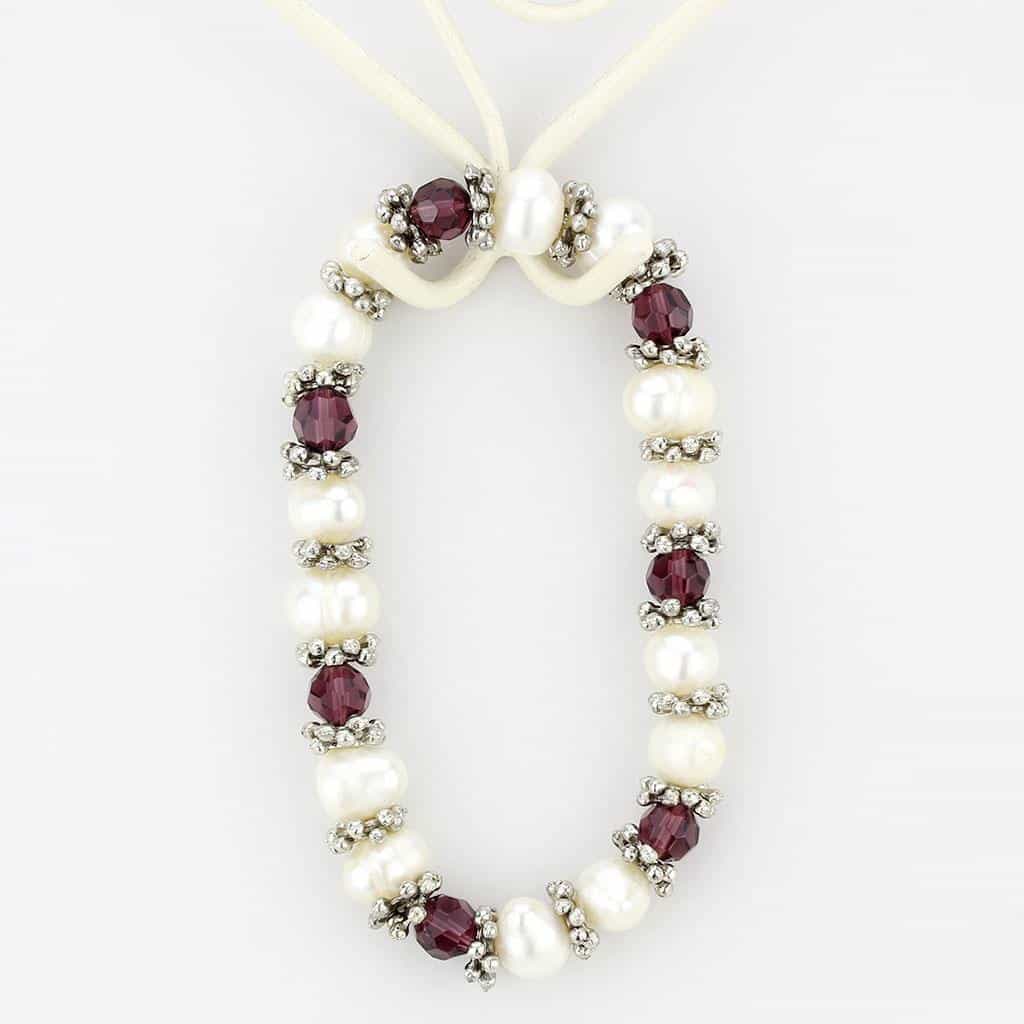 Brass Silver Pearl Red Garnet Bead Stretch Bracelet view 2