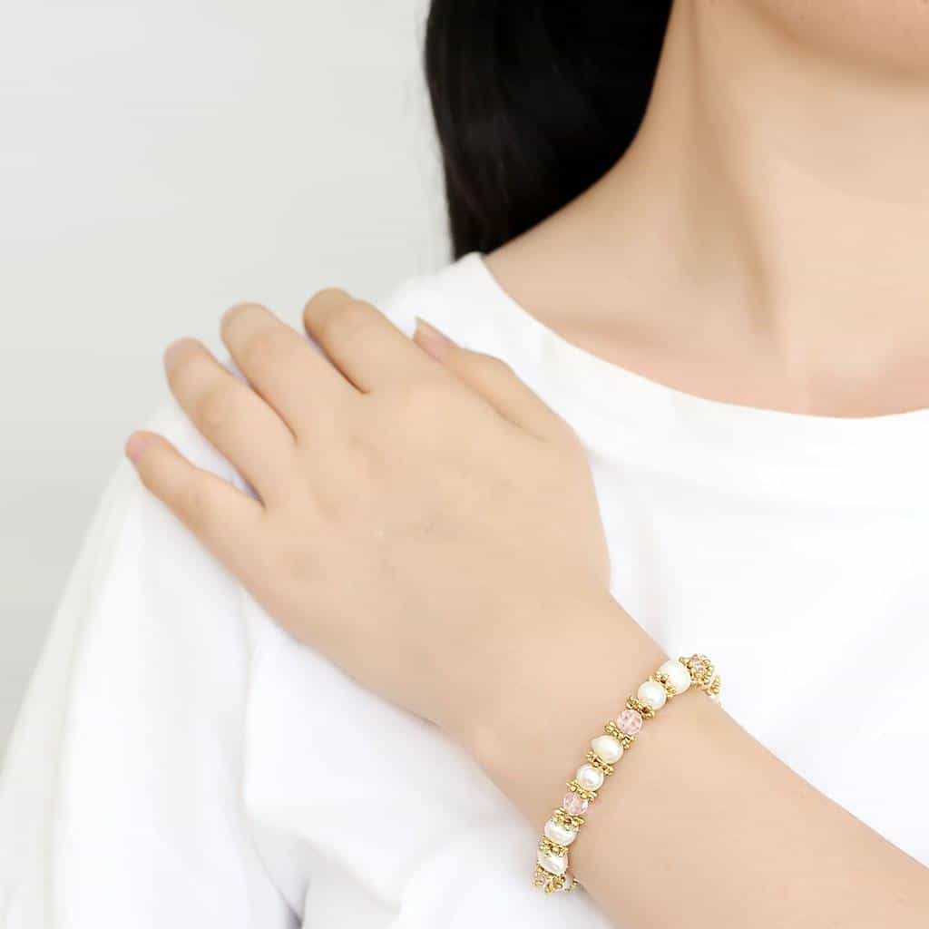 Brass Gold Pearl Pink Crystal Bead Stretch Bracelet view 3