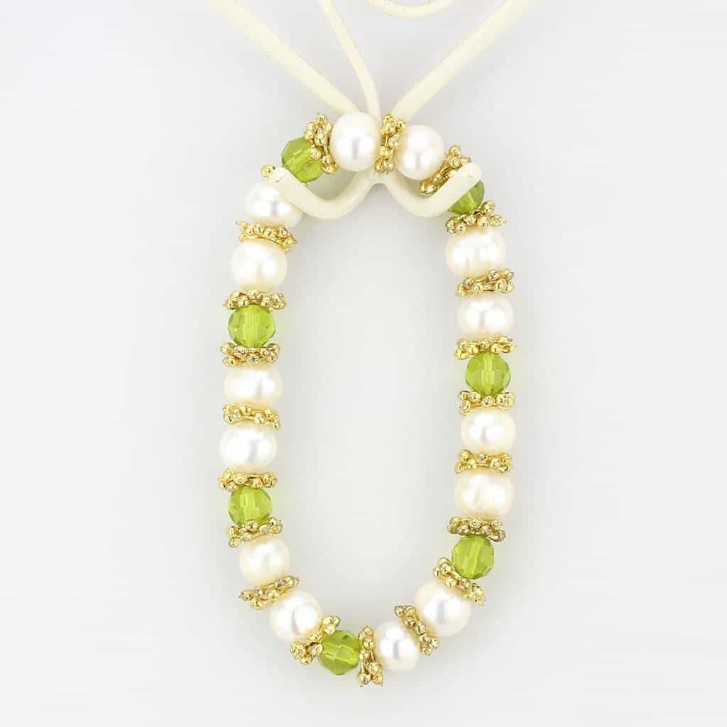 Brass Gold Pearl Green Peridot Bead Stretch Bracelet view 2