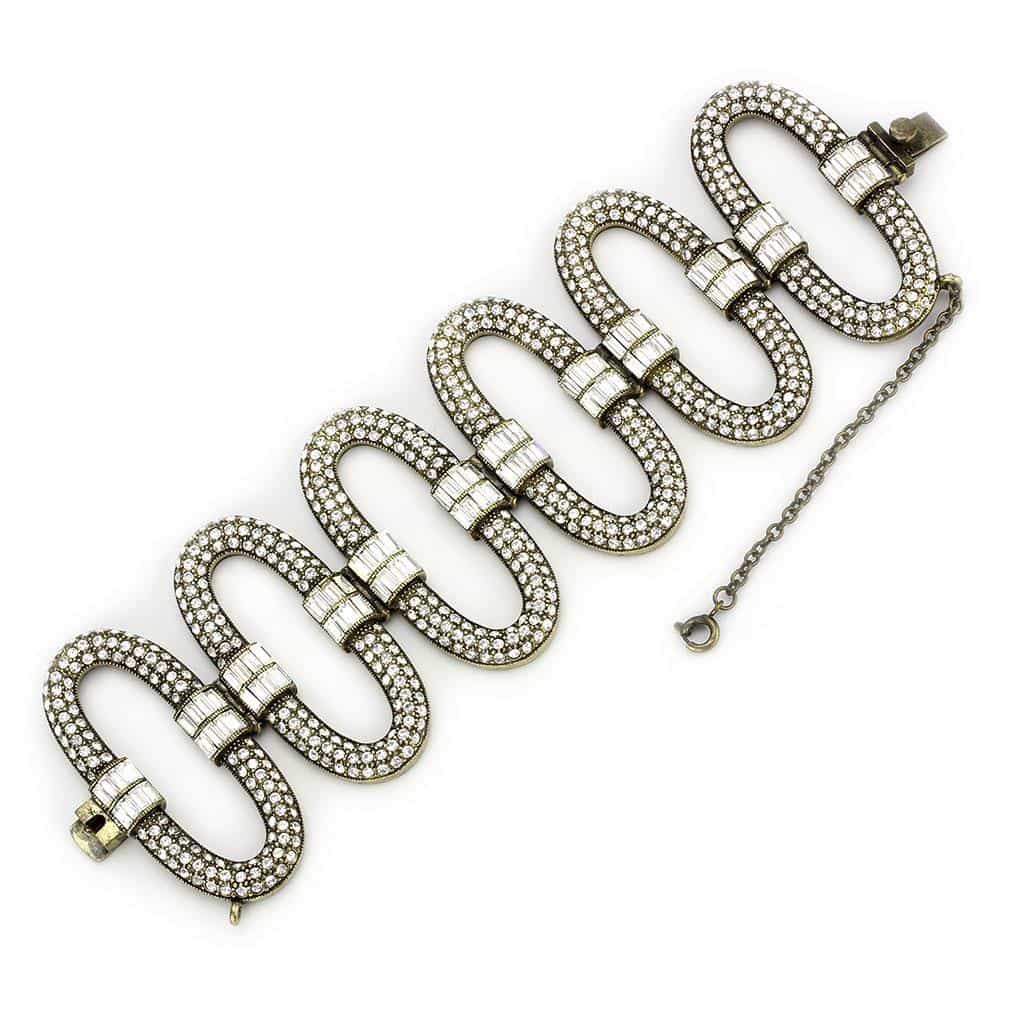Brass Antique Gold Crystal Pave Oval Link Statement Bracelet view 3