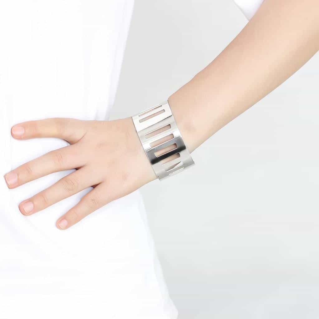 Stainless Steel Silver Modern Cutout Wide Cuff Bangle Bracelet view 2