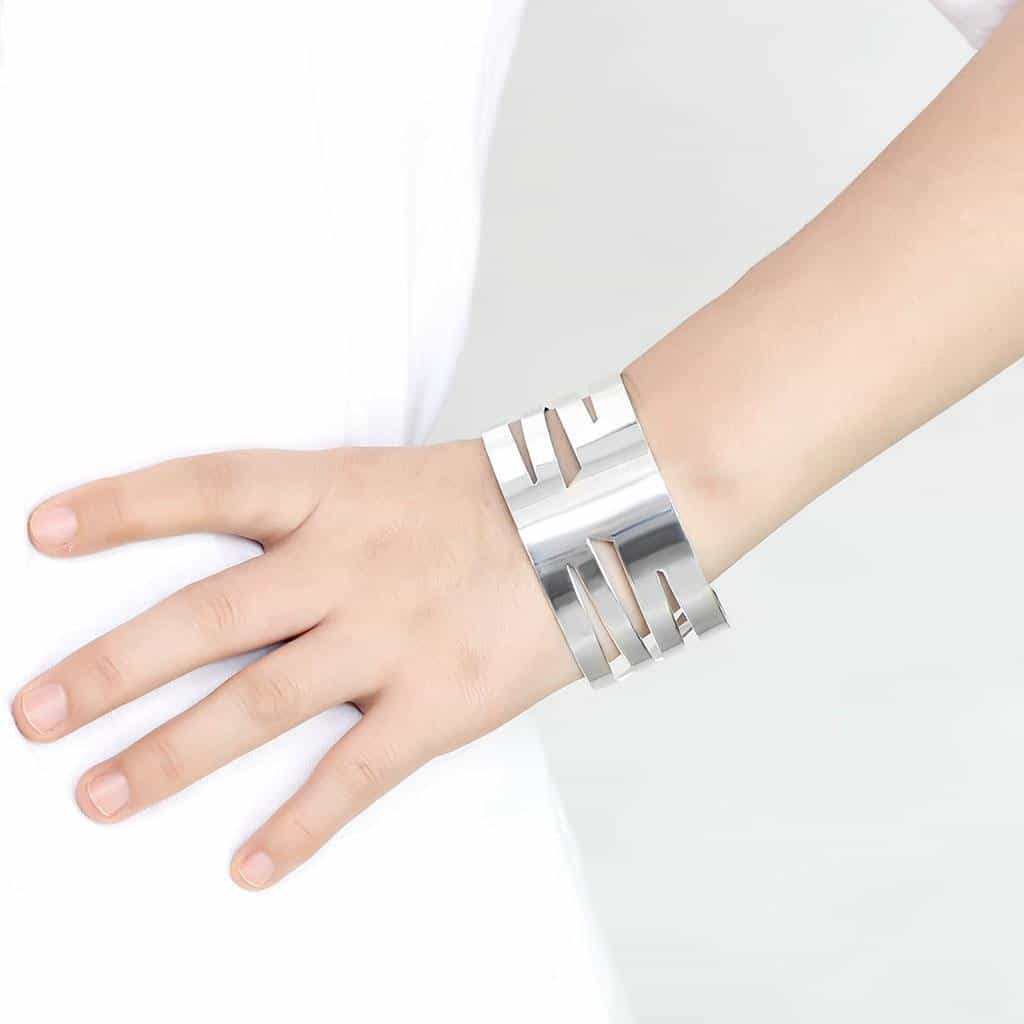 Stainless Steel Silver Modern Cutout Slim Cuff Bangle Bracelet view 2