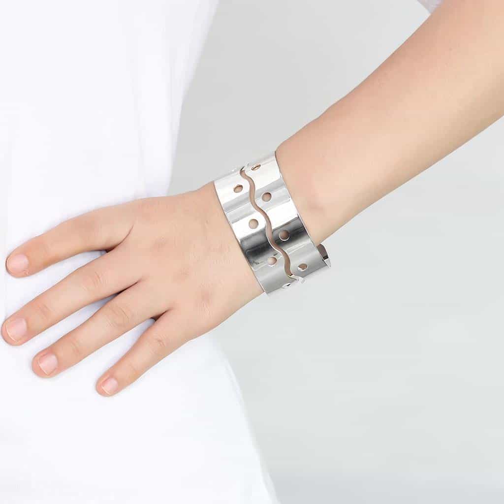 Stainless Steel Silver Modern Wave Cutout Wide Cuff Bracelet view 2