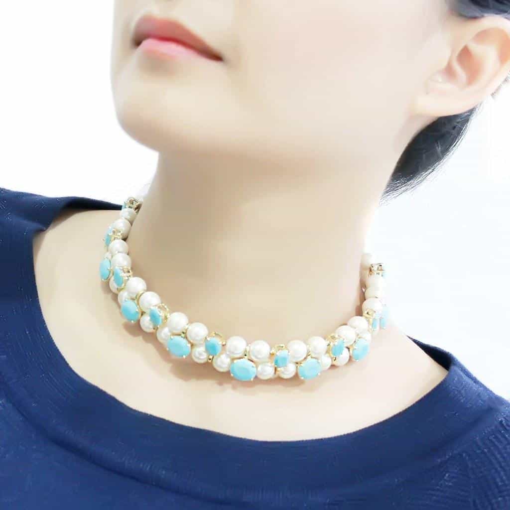 Brass Gold Pearl Turquoise Crystal Stretch Bracelet Necklace view 3