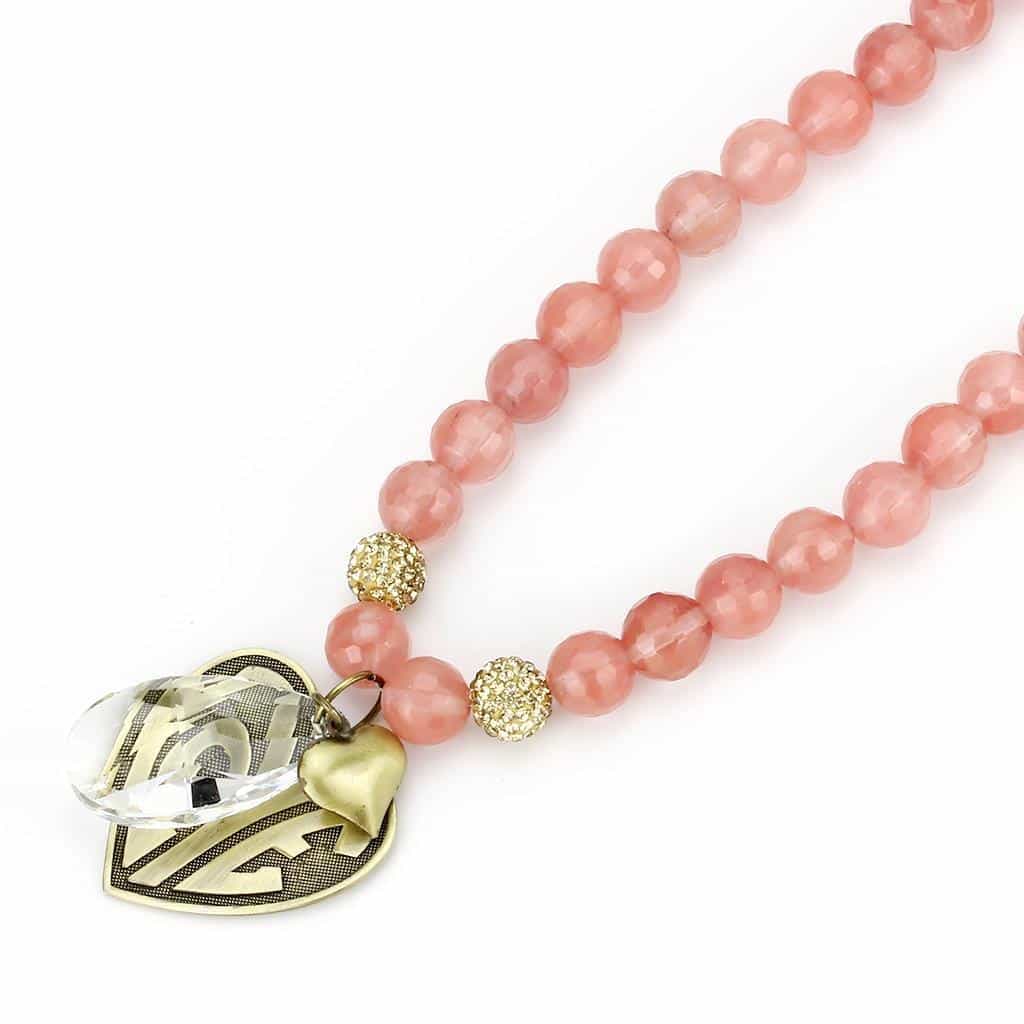 Brass Gold Rose Quartz Bead Love Heart Pendant Necklace view 3