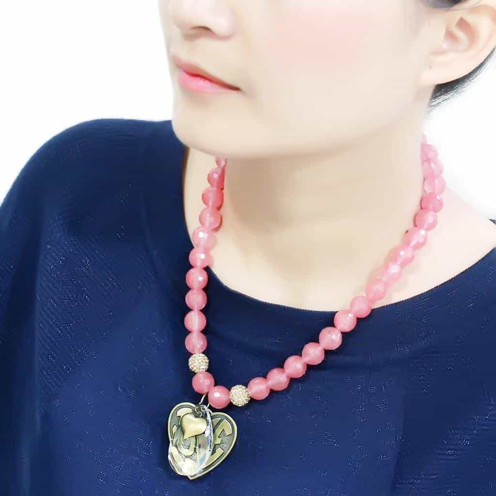 Brass Gold Rose Quartz Bead Love Heart Pendant Necklace view 4