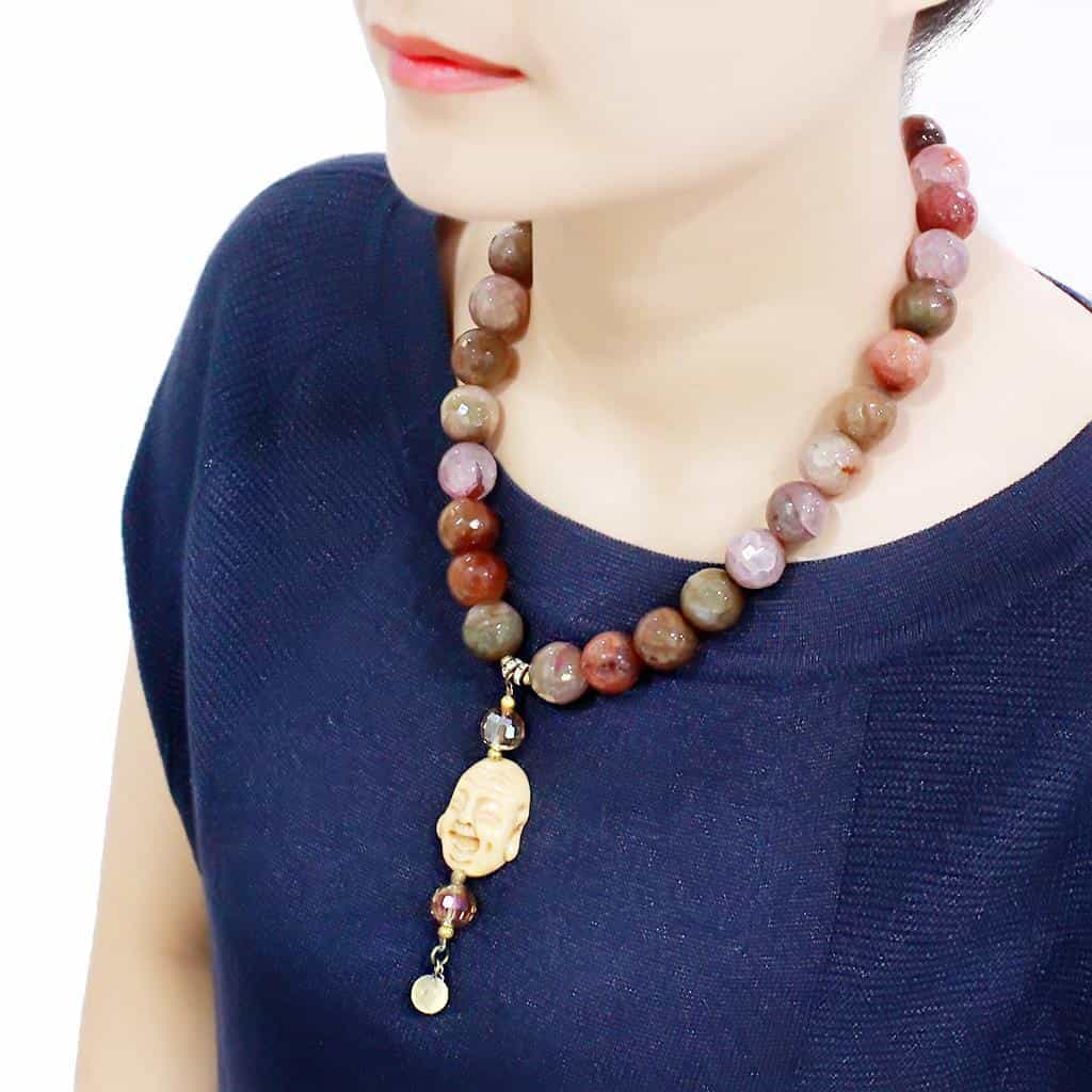 Brass Gold Natural Stone Bead Buddha Charm Bracelet Necklace view 3