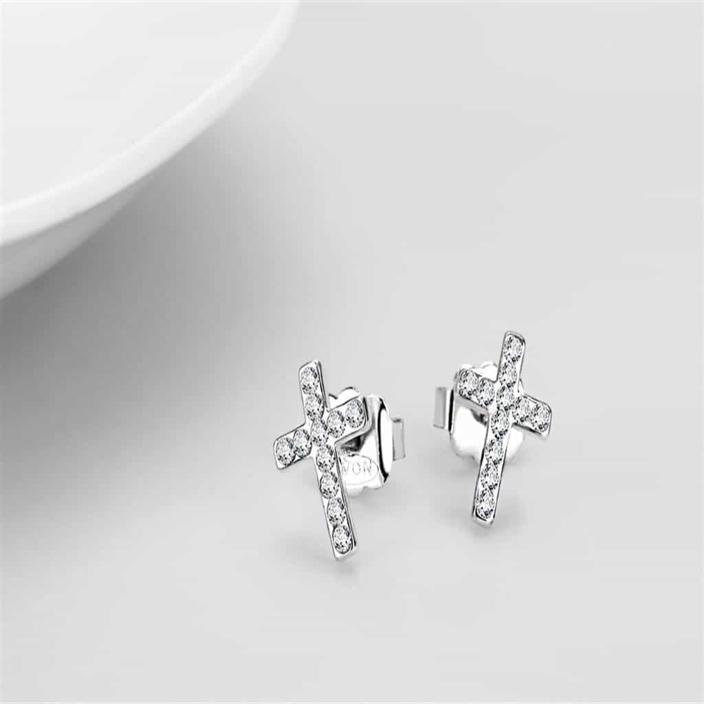 Brass Silver CZ Cross Stud Earrings | The Stainless Jewelry view 3