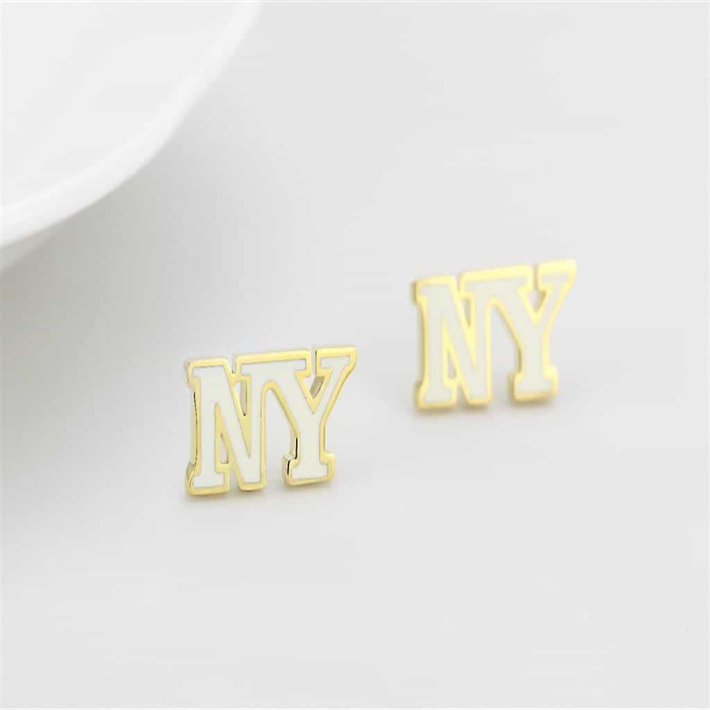 Brass Gold NY Script Stud Earrings | The Stainless Jewelry view 3