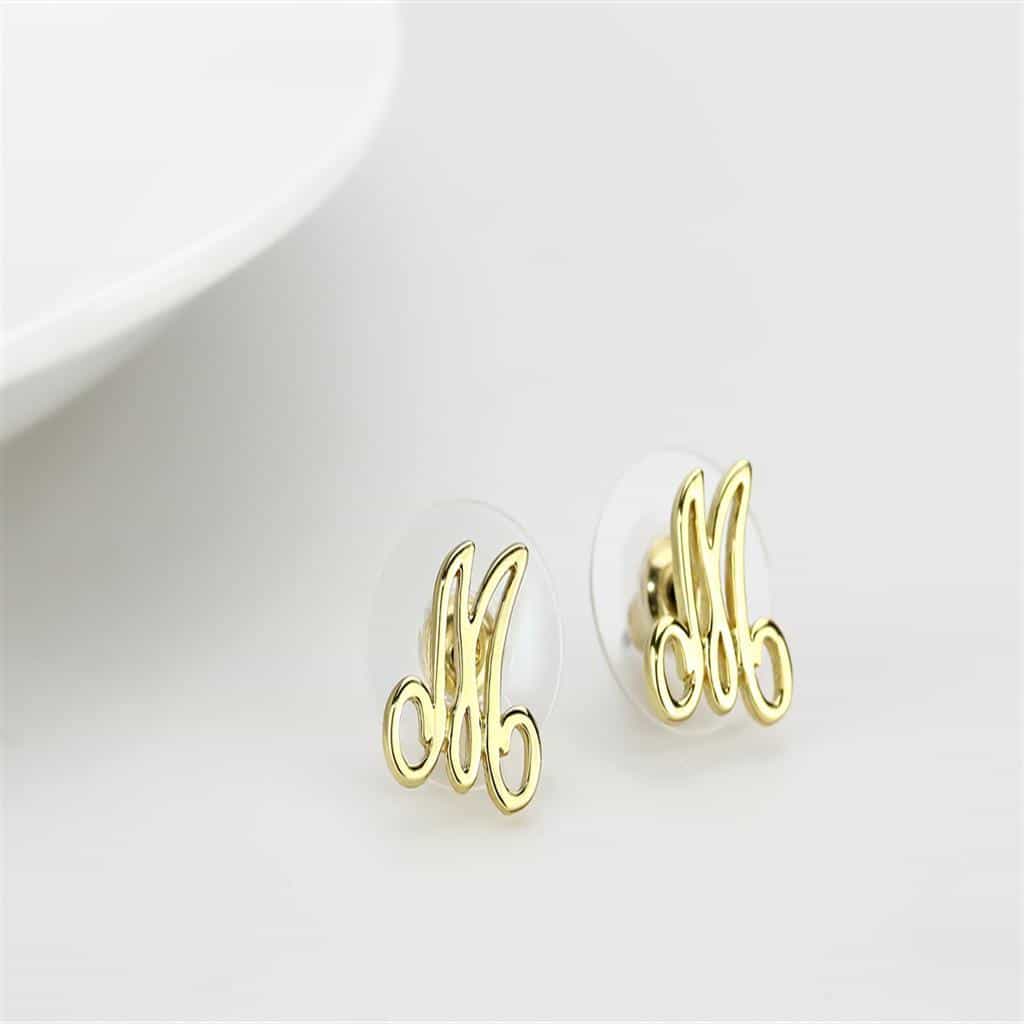 Brass Gold Script Letter M Stud Earrings | The Stainless Jewelry view 3