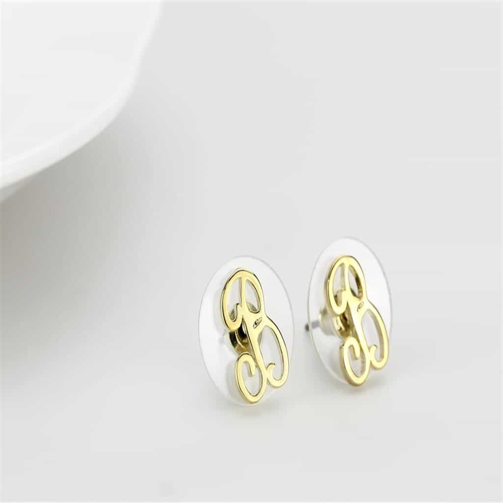 Brass Gold Script Letter B Stud Earrings | The Stainless Jewelry view 3