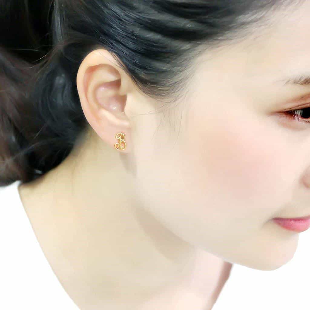 Brass Gold Script Letter B Stud Earrings | The Stainless Jewelry view 4