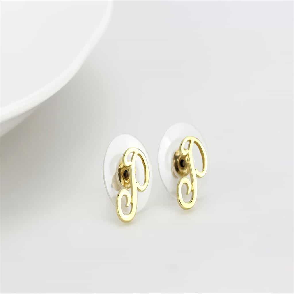 Brass Gold Script Letter P Stud Earrings | The Stainless Jewelry view 3
