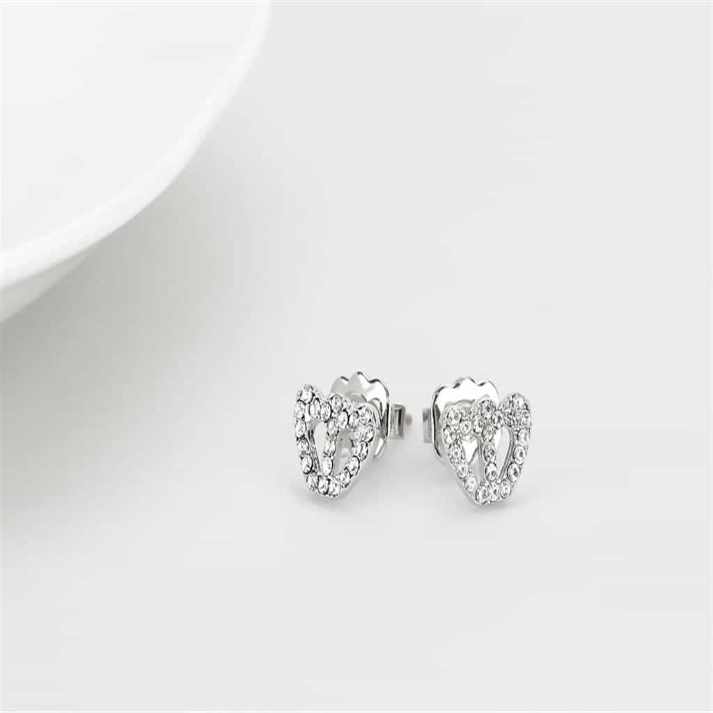 Brass Silver CZ Heart Stud Earrings LO4673 view 3