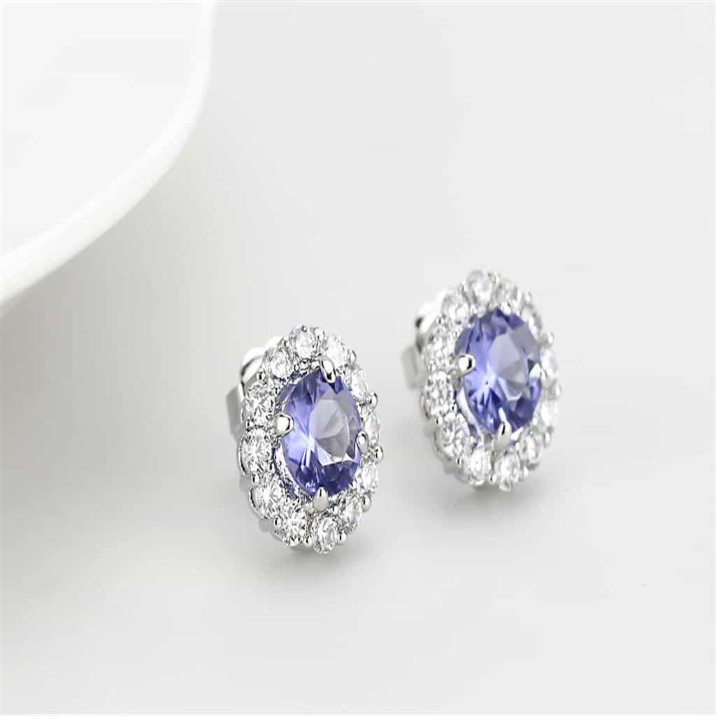 Brass Silver Tanzanite CZ Halo Stud Earrings view 3
