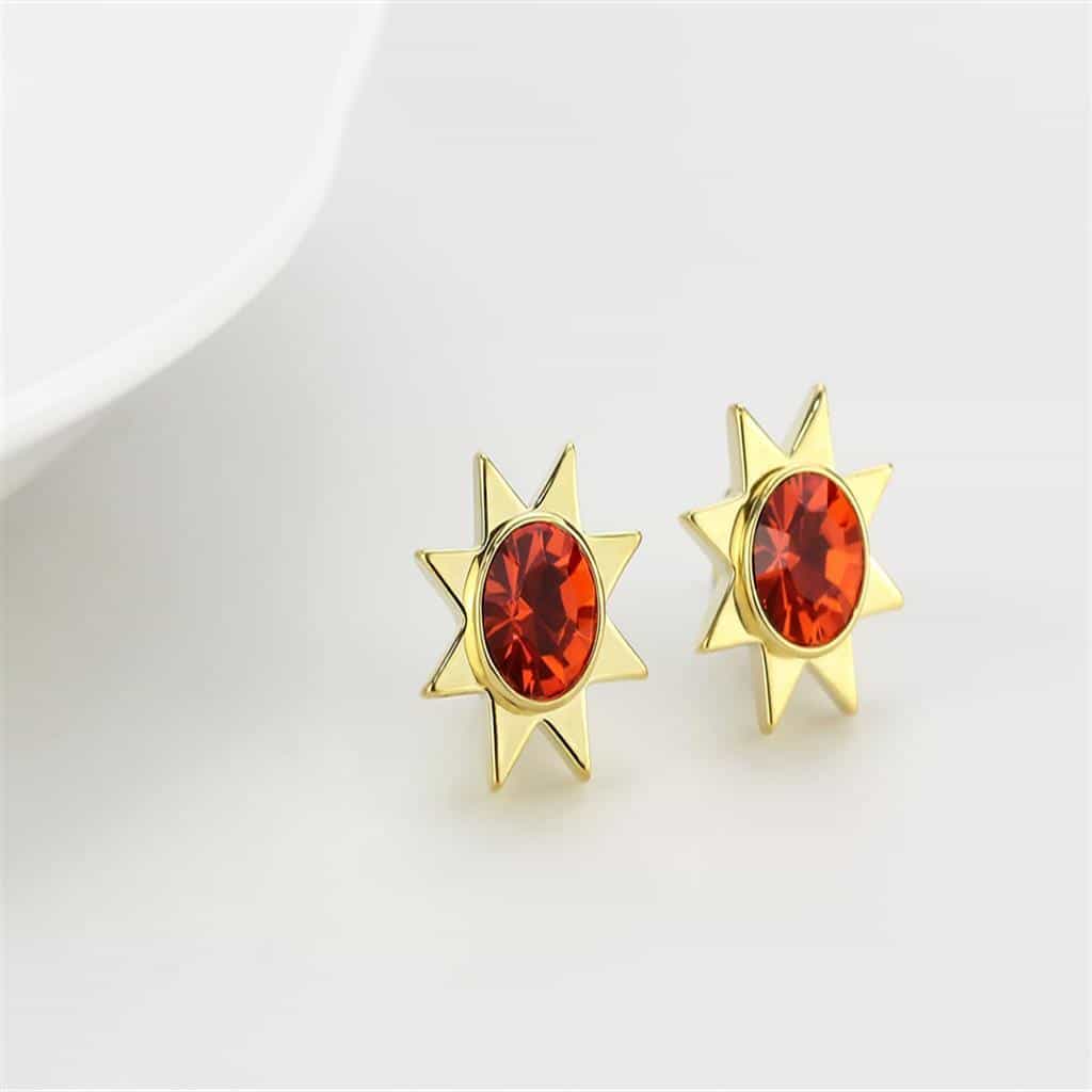 Brass Gold Red Crystal Starburst Stud Earrings view 3