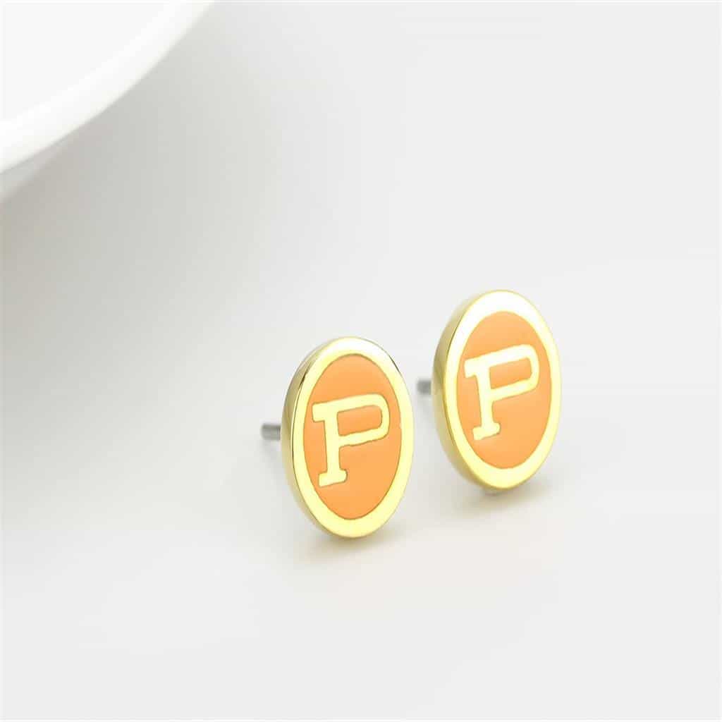 Brass Gold Letter P Enamel Round Stud Earrings view 3