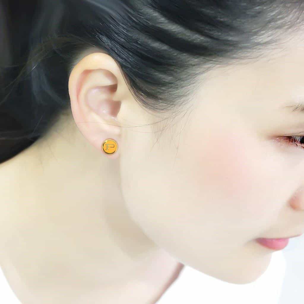 Brass Gold Letter P Enamel Round Stud Earrings view 4