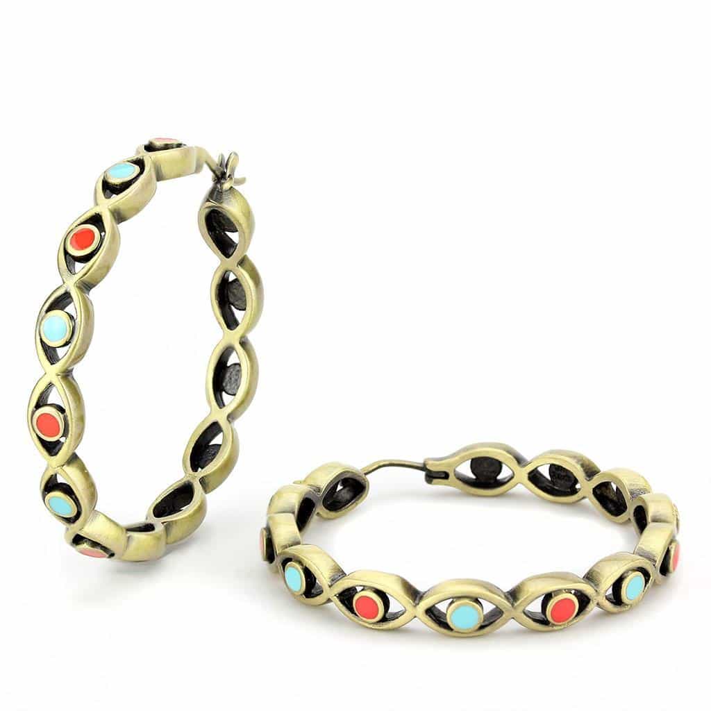Brass Antique Gold Multicolor Enamel Twisted Hoop Earrings view 3