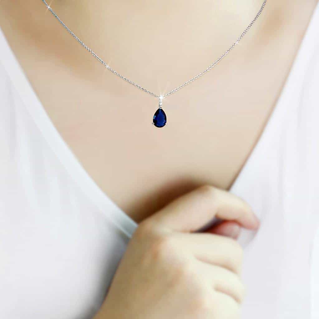Brass Silver Blue Sapphire Pear CZ Pendant Necklace view 3